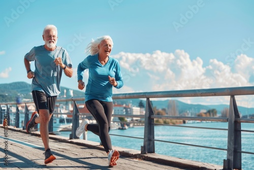 Fitness, sport, people, exercising and lifestyle concept - senior couple running, Generative AI