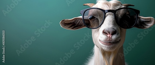 Stylish Goat with Sunglasses on Green Background © Adambramant