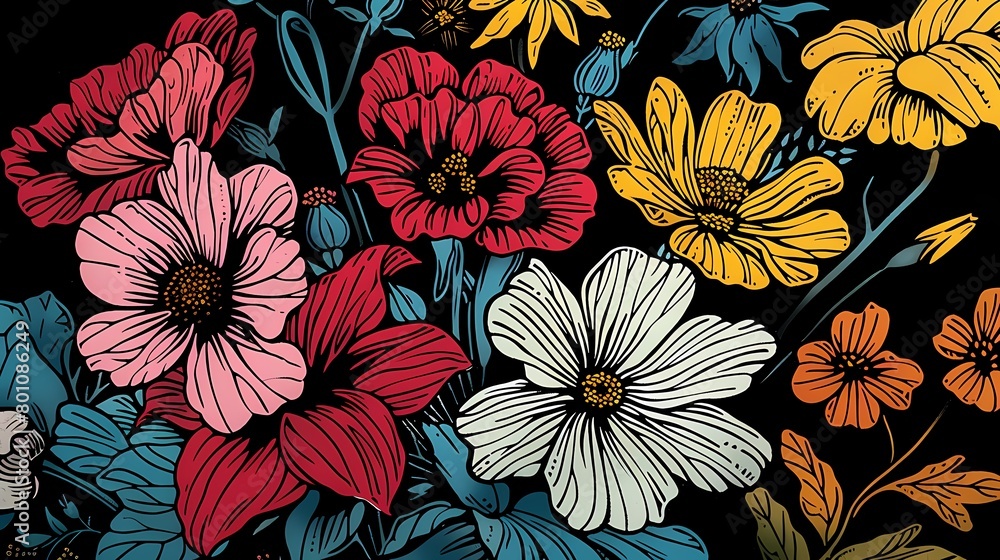 Retro colorful bunch of flowers is sitting in a vase illustration poster background Retro colorful bunch of flowers is sitting in a vase illustration poster background