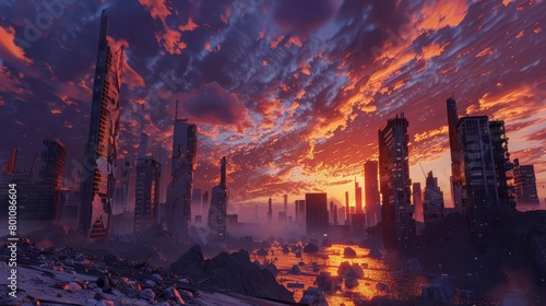 A 3D render of a city after apocalypse transformed into a place of hightech rebirth photo