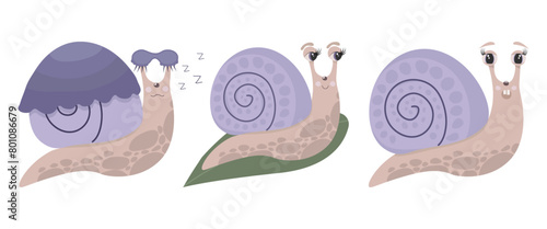 A set of cute snail stickers with different emotions