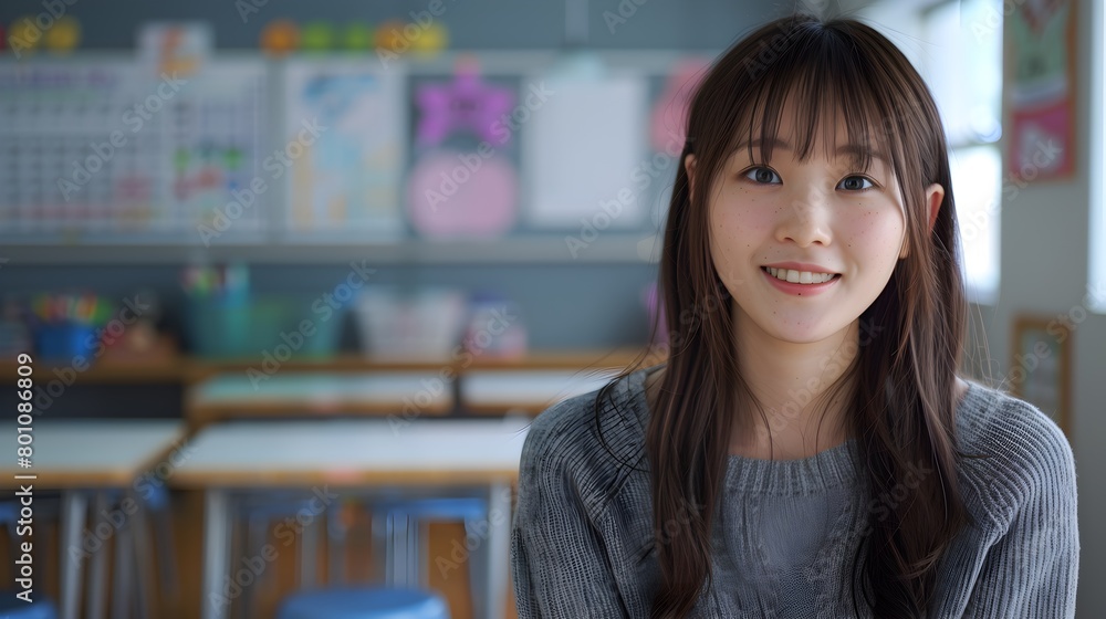 Japanese Female Kindergarten Teacher Smiling Classroom Background Japanese Female Kindergarten Teacher Smiling Classroom Background
