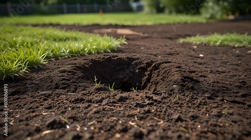 Landscaping weed barrier with hole on ground image Place for adding text or design.generative.ai 