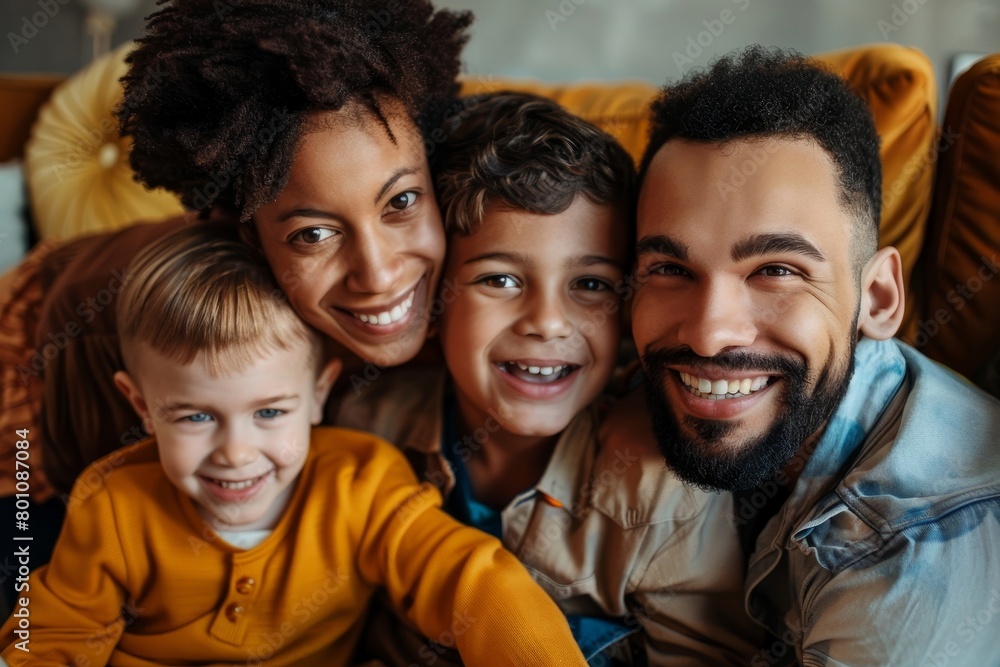 Gay couple children love happiness concept. Happy multiethnic family spending time together at home, Generative AI Gay couple children love happiness concept. Happy multiethnic family spending time together at home, Generative AI