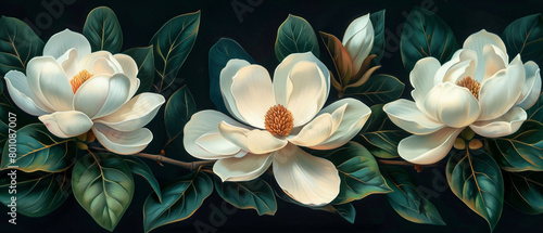A close-up of delicate magnolia blossoms against dark green leaves  oil color Painting Style