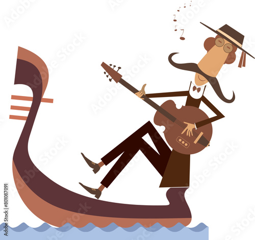 Man with guitar and gondola. 
Funny gondolier with long mustaches rides on gondola playing guitar and singing. Isolated on white background