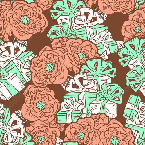 Gift box, ribbon and flowers seamless vector pattern for wrapping present with bow, party celebration, sale promotion, Textile print, fabric design, banner background. Hand drawn style illustration.
