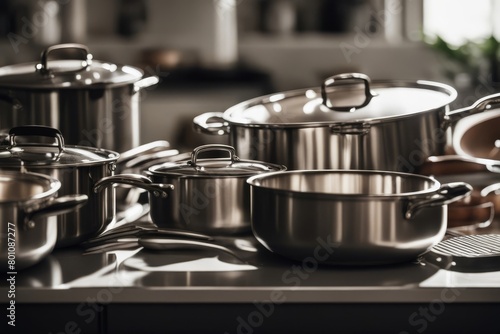 'pile pots pans white background clean cook cookery cooking cookware cover dinner hard-wearing empty food glasses handle isolated kitchen utensile lid meal metal new object pan pot preparation set'