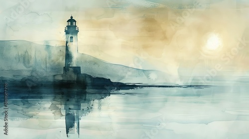 Subtle watercolor of a lighthouse standing watch over quiet waters, symbolizing guidance and calm, a comforting presence in any clinic