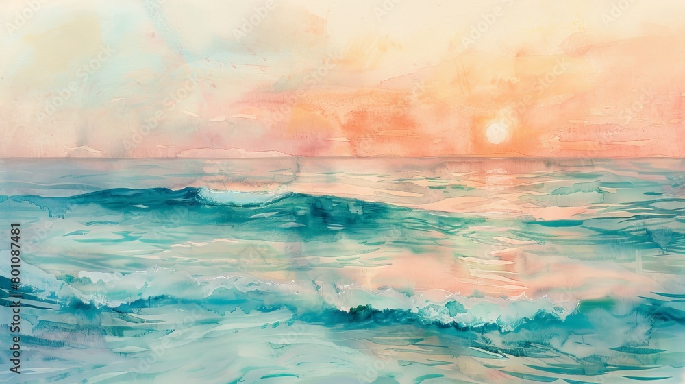 Soft watercolor depiction of twilight over the ocean, the sky a blend of lavender and peach, soothing to patients in any clinic setting Soft watercolor depiction of twilight over the ocean, the sky a blend of lavender and peach, soothing to patients in any clinic setting