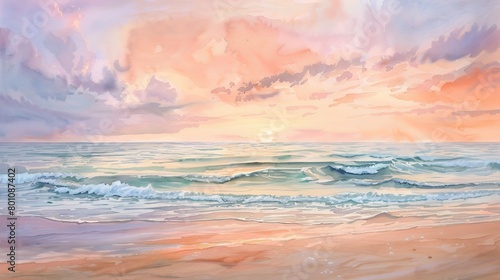 Soft watercolor depiction of a quiet beach with dunes and sparse sea grass, the muted colors reflecting a peaceful solitude photo