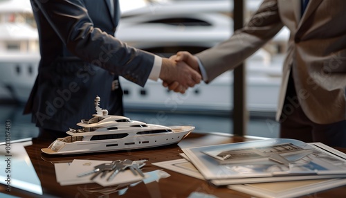 close up of two business men shaking hands over an office desk with documents and yacht models on it 