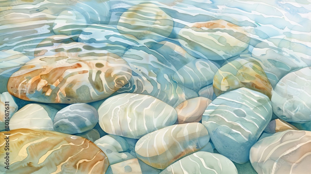 Fototapeta premium Soft watercolor illustration of shallow clear waters over smooth pebbles, the ripple effect offering a peaceful visual for clinic corridors