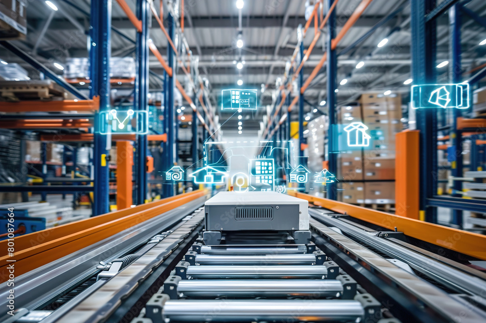 A logistics warehouse with IoT technology tracking inventory and order fulfillment processes. A logistics warehouse with IoT technology tracking inventory and order fulfillment processes.