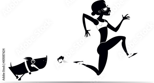 Cartoon running woman and angry dog. Frightened sport woman runs away from the mad dog. Black and white illustration 