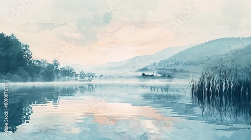 Soft watercolor landscape of a serene lake at dawn, gentle hues reflecting tranquility and providing a soothing view for patients