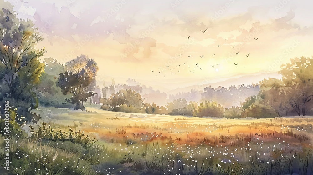 Soft watercolor of a gentle valley at sunrise, the early light casting a peaceful glow over dew-kissed meadows