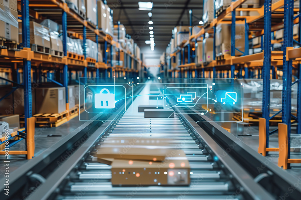 A logistics warehouse with IoT technology tracking inventory and order fulfillment processes. A logistics warehouse with IoT technology tracking inventory and order fulfillment processes.