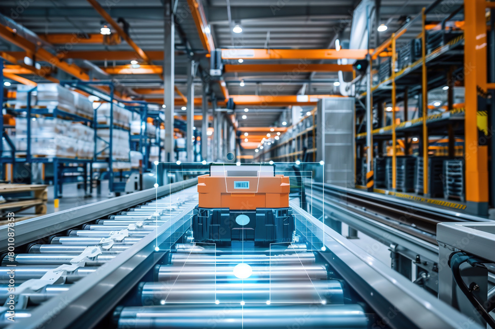 A logistics warehouse with IoT technology tracking inventory and order fulfillment processes. A logistics warehouse with IoT technology tracking inventory and order fulfillment processes.
