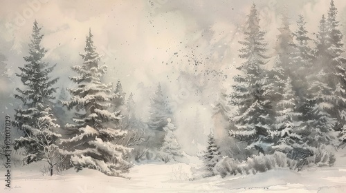Soft watercolor of a quiet winter scene with snow-covered trees, promoting a sense of quiet and reflective solitude © Alpha