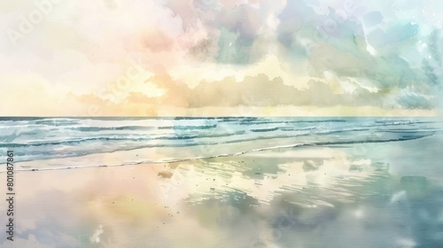 Soft watercolor of a serene beach scene  gentle waves lapping at the shore  pastel sky reflecting in the wet sand