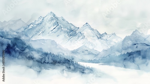 Soft watercolor of a snowy mountain view, muted tones conveying quiet and solitude, designed to comfort patients in a clinical setting