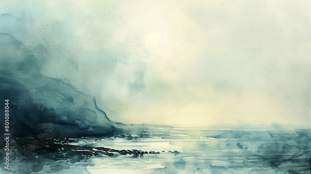 Obraz premium Soft watercolor scene of a misty oceanfront, where the sea gently merges with a foggy horizon, creating a soothing visual