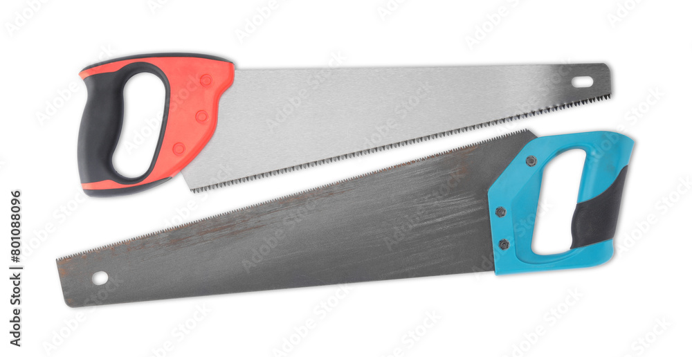 Saws with colorful handles isolated on white, top view Saws with colorful handles isolated on white, top view