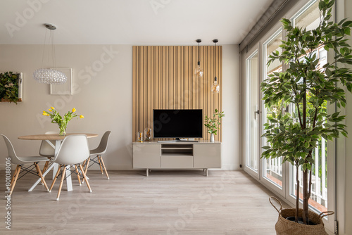 Contemporary Living Room with Sleek Wooden Panel and Modern Furniture