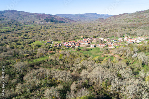 drone aerial view of the village of Tosende in the territory of Couto Mixto, Rio Salas Valley. Ourense province, Galicia. Spain photo