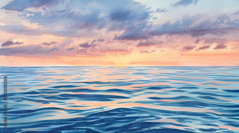 Soothing watercolor art of a calm sea at sunset, warm hues blending with cool blues to reflect the ocean's tranquil rhythm