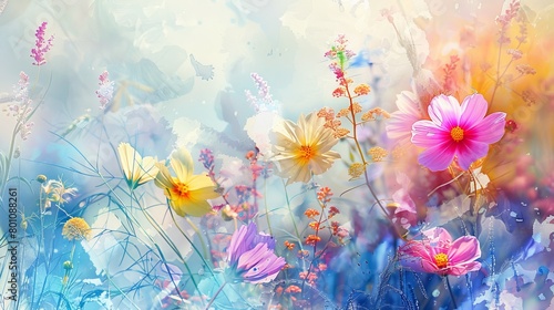 Soft watercolor scene of wildflowers swaying in a gentle breeze, their vibrant colors offering a soothing visual escape © Alpha