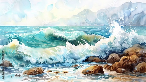 Softly colored watercolor painting of a rocky seaside, waves gently breaking with a whisper, creating a therapeutic ambiance © Alpha