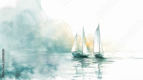 Soothing watercolor illustration of sailboats on a quiet sea, the gentle motion of the boats enhancing the sense of calm