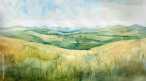 Soothing watercolor of a pastoral countryside scene with rolling hills and a clear sky  evoking a sense of freedom and tranquility