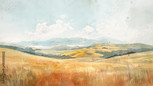 Subtle watercolor landscape of rolling hills under a soft sky, conveying tranquility and the healing power of nature