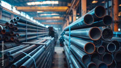 Stacks of new steel pipes at a metalworking factory