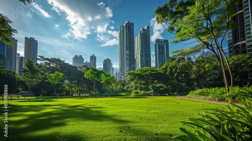 A park in the middle of a city with lush green trees and grass and a blue sky with white clouds in the background