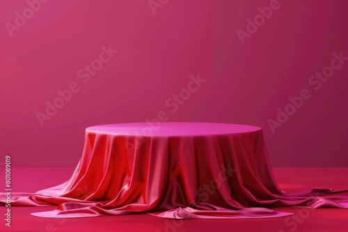 Cylinder podium covered with red cloth on viva magenta background. Premium empty fabric pedestal for product display.