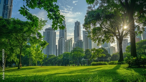 A park with lush green trees and grass, with a view of the city skyline in the background.