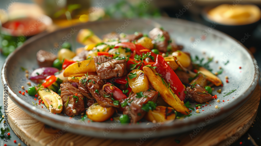 Bring the flavors of Peruvian salt ado to life in a photorealistic scene of the stir fry dish with fries and veggies Bring the flavors of Peruvian salt ado to life in a photorealistic scene of the stir fry dish with fries and veggies