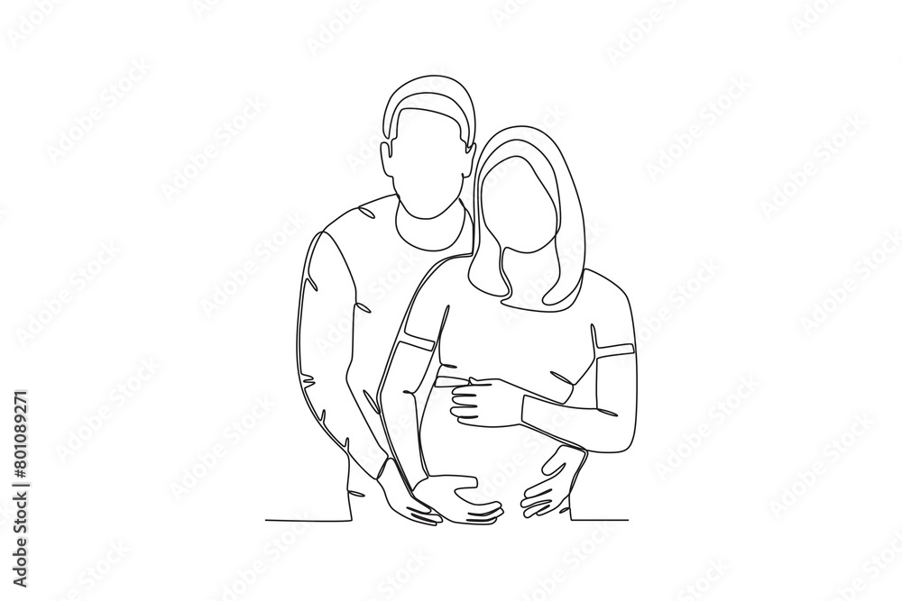 Continuous single line drawing of a Husband lovingly hugs pregnant wife. concept of a family newly married and given a child, illustration of the popular single line drawing, concept of single line de