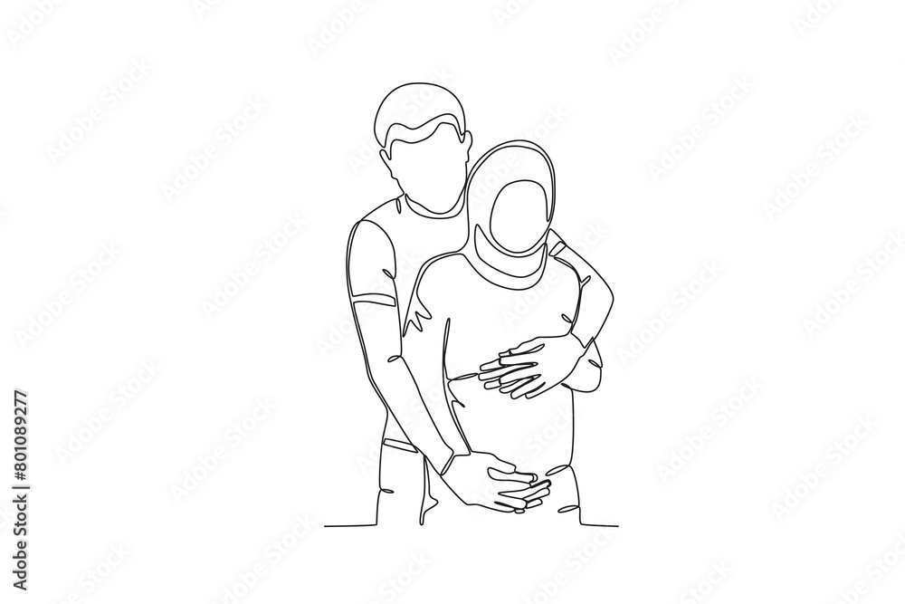 Continuous single line drawing of a Husband lovingly hugs pregnant wife. concept of a family newly married and given a child, illustration of the popular single line drawing, concept of single line de