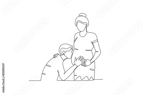 Continuous single line drawing of a HHusband kissing pregnant wife. concept of a family newly married and given a child  illustration of the popular single line drawing  concept of single line design.