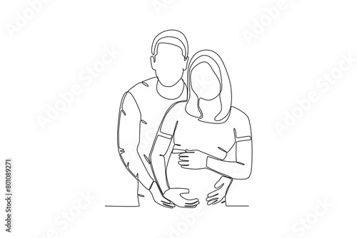 Continuous single line drawing of a Husband lovingly hugs pregnant wife. concept of a family newly married and given a child, illustration of the popular single line drawing, concept of single line de