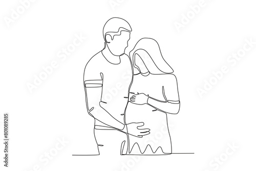 Continuous single line drawing of a Husband lovingly hugs pregnant wife. concept of a family newly married and given a child, illustration of the popular single line drawing, concept of single line de