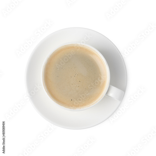 Aromatic coffee in cup isolated on white, top view