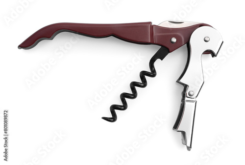 Fotografie One corkscrew (sommelier knife) isolated on white, top view