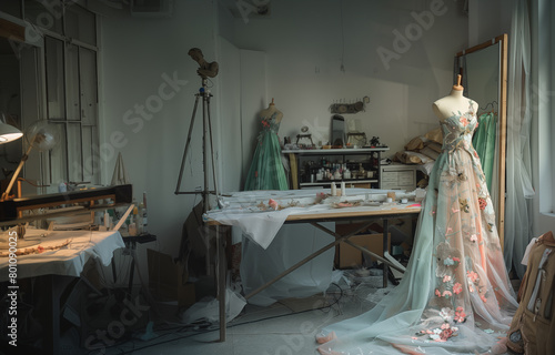 evening gown on the mannequin, inside the messy workshop, isolated, no people