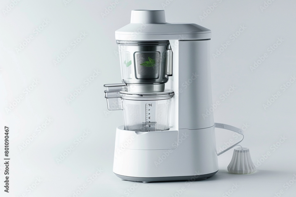 An elegant white juicer with a vertical design and a BPA-free juice collector isolated on a solid white background. An elegant white juicer with a vertical design and a BPA-free juice collector isolated on a solid white background.